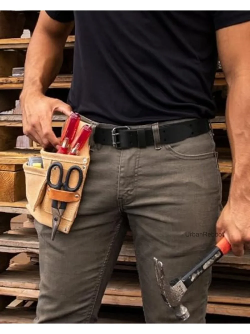 Men's Heavy Duty Leather Belt with Double-Prong Buckle